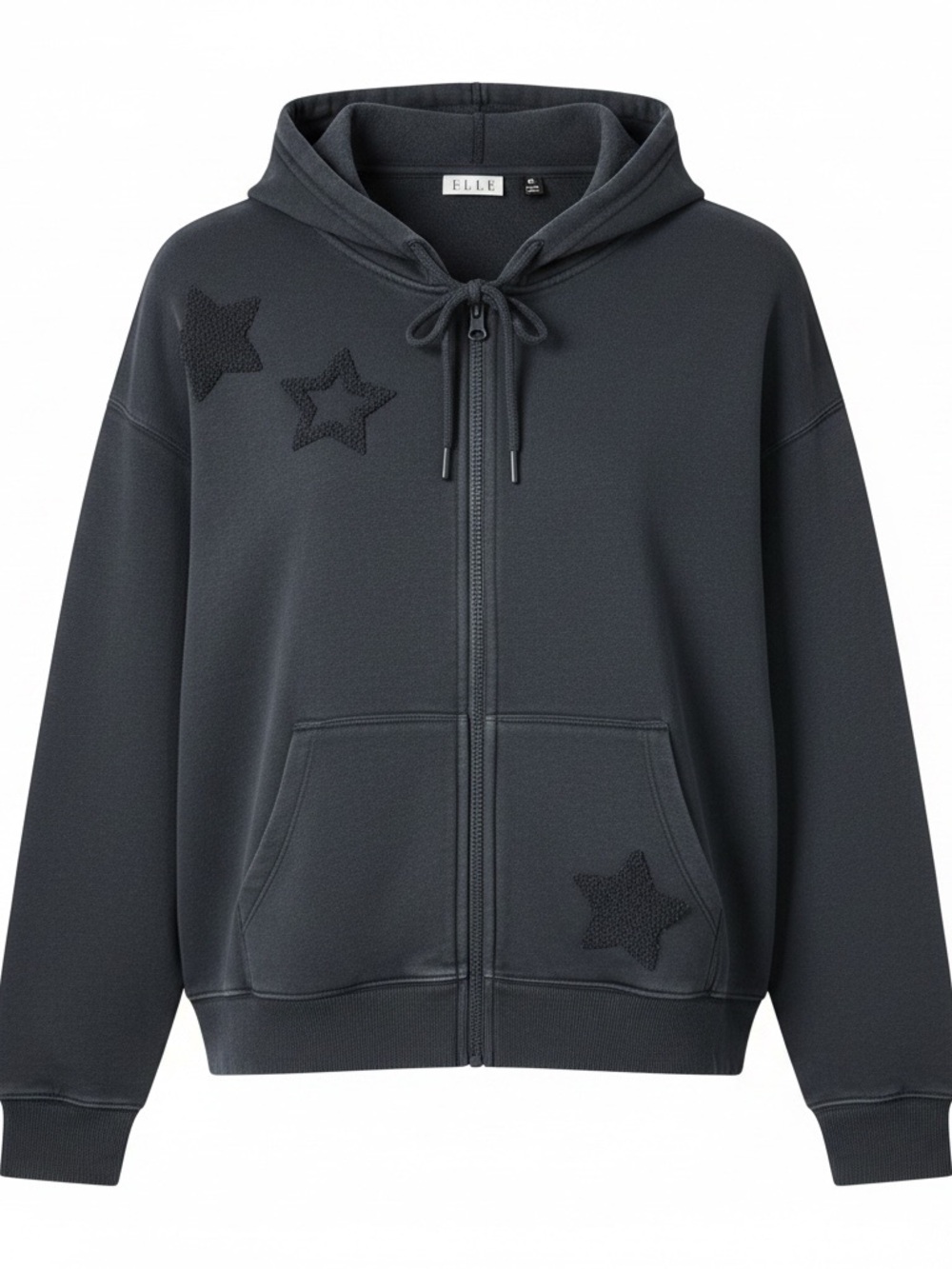 Elle Dark Navy Blue Zip Hoodie with Star Appliqués